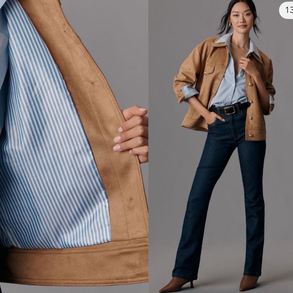 Maeve Faux Suede Trucker Jacket Camel Brown Size M Anthropologie - Picture 6 of 12